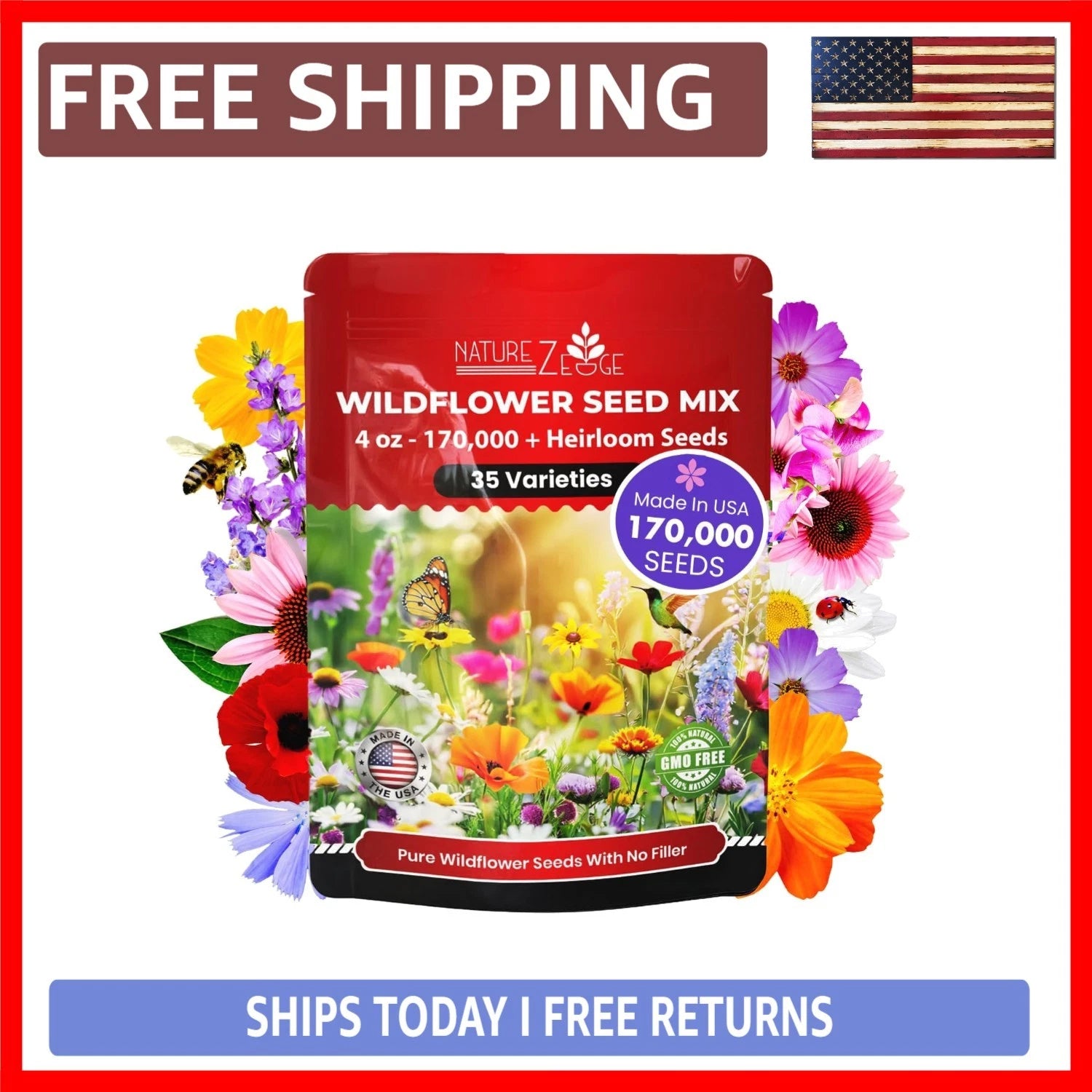Wildflower Seeds Mix - 1/4 lb of 35 Non-GMO Varieties for Vibrant Gardens