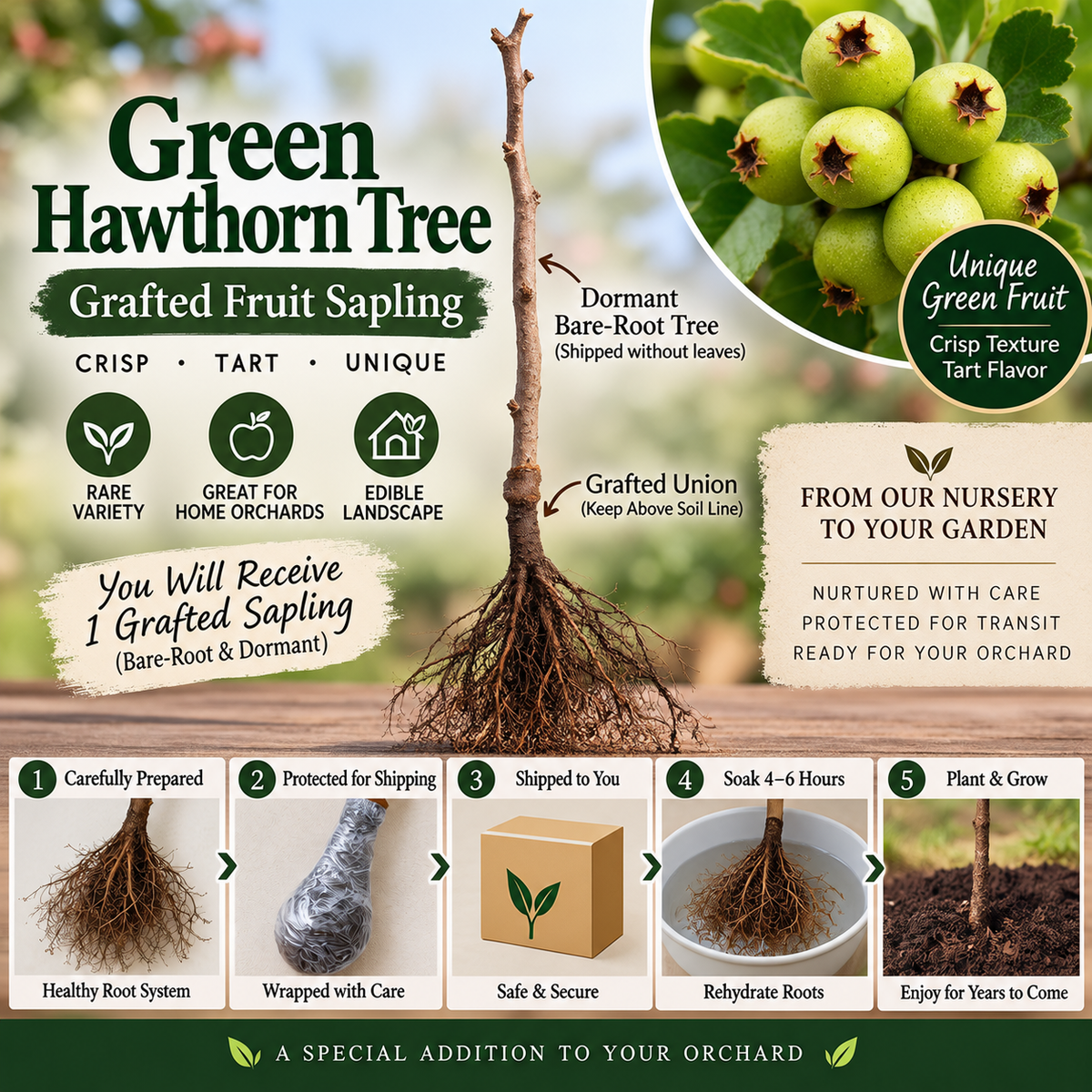 Green Hawthorn Tree, Grafted Hawthorn Sapling, Bare Root Fruit Tree, Tart Crisp Berry Plant, Rare Orchard Tree