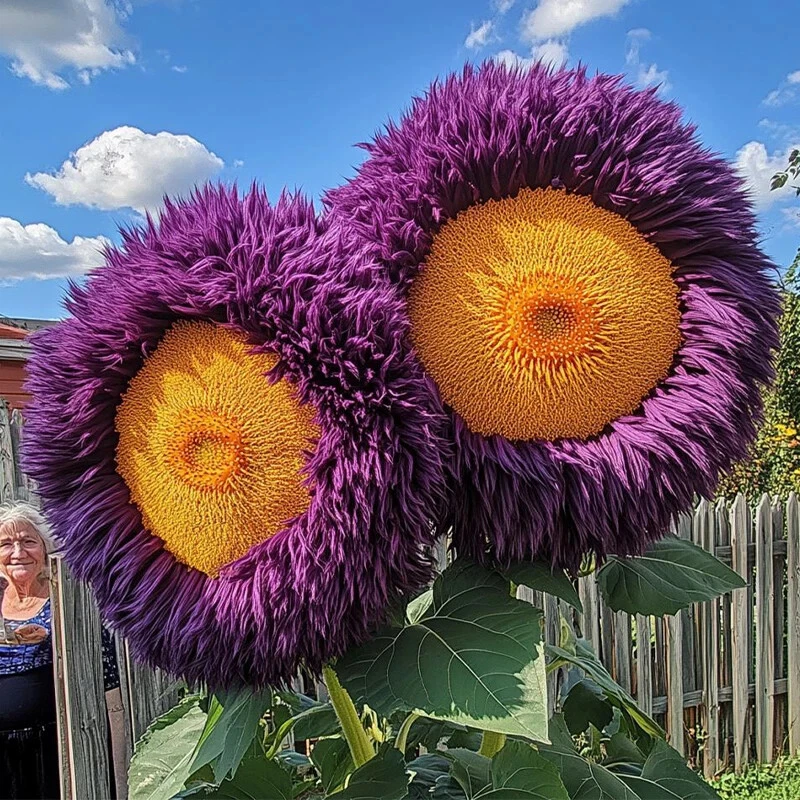 50 Rare Yellow & Purple Enchanting Giant Teddy Bear Sunflower Seeds - Unique Fluffy Blooms - Easy to Grow - Pollinator Friendly
