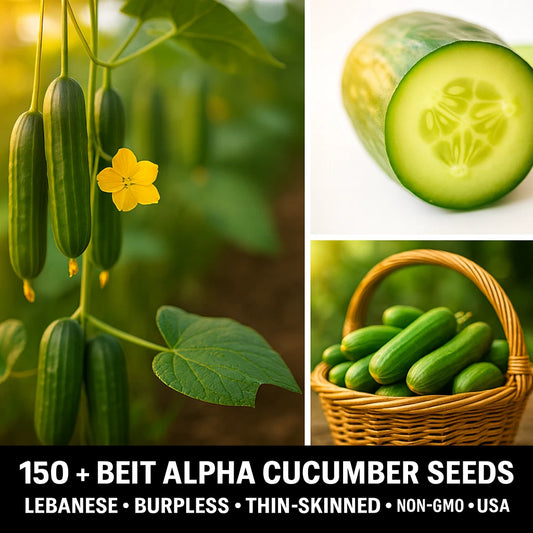 Beit Alpha Cucumber Seeds - 150+ Count - Burpless Snack Variety - Non-GMO (Cucumis sativus)