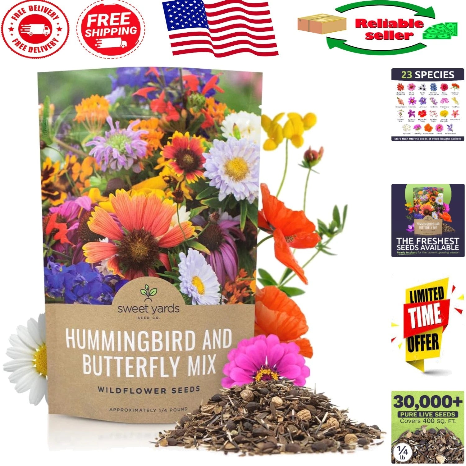 Wildflower Seeds - 30,000 Open-Pollinated Butterfly & Hummingbird Garden Mix - Native Plants for Pollinators